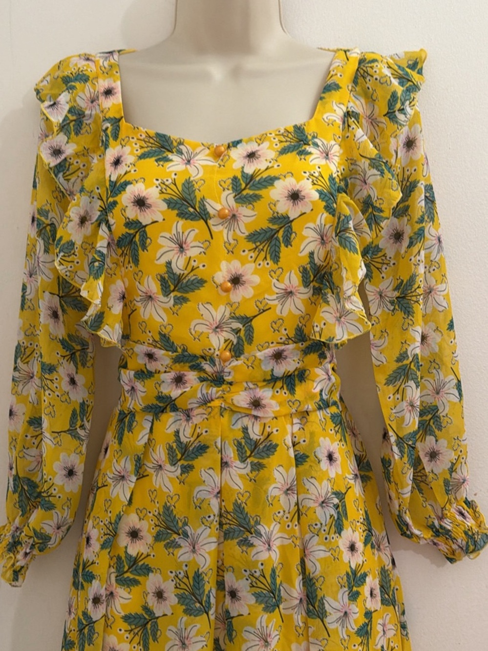Yellow Floral Long Sleeve Midi Dress can fit s and m - Picture 4 of 7